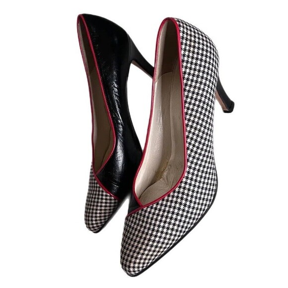 Vintage Chantal Italian Half Houndstooth Half Black Leather 3 Heels Red Trim 8.5 - Picture 1 of 10